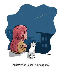 Vector illustration of a girl sitting with her cat, making a wish while looking at shooting star or star fall in the night sky. Drawn in kawaii chibi style.