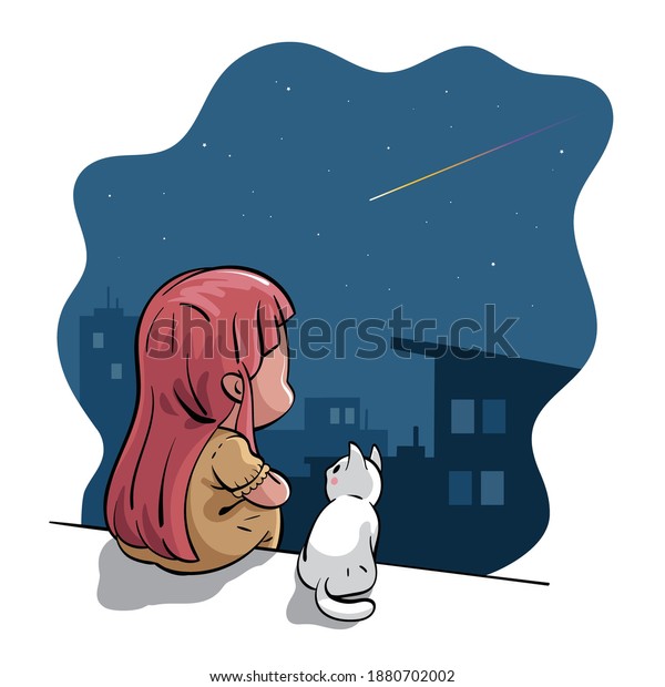 夜空に星や星が落ちるのを見ながら 猫と一緒に座って願い事をする女の子のベクターイラスト かわいいちび風 のベクター画像素材 ロイヤリティフリー