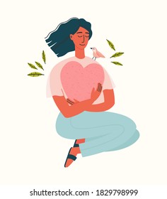 Vector illustration of a girl sitting and holding a heart. Girl in blue pants and beige blouse. Hand-drawn illustration of mental health. Self-love.