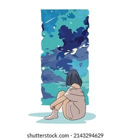 vector illustration of girl sitting and looking at the sky from the window	