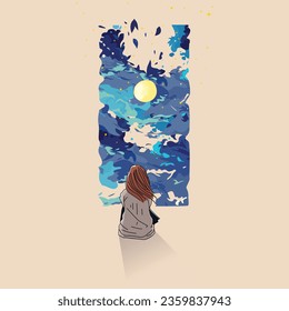 vector illustration of girl sitting and looking at the sky