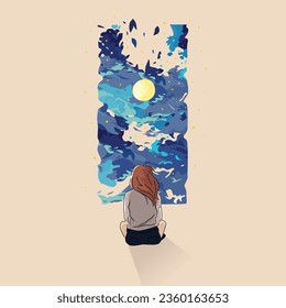 vector illustration of girl sitting and looking at the sky