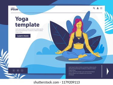 Vector illustration of a girl sitting in a Lotus position, doing yoga, fitness.landing page design template