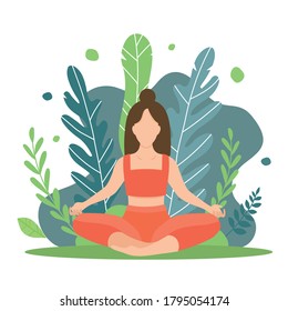 Vector Illustration Of A Girl Sitting In A Lotus Position In Nature And Miding. Keeps Calm And Even Breathing. Logo, Corporate Illustration For A Yoga Studio, Medatation Center, Outdoor Sports. The