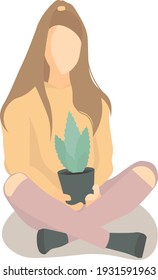 Vector illustration of a girl sitting in a lotus position wearing a sweatshirt. She is holding a pot with a flower. 
