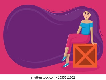 Vector illustration of a girl sitting on a box foot to foot with a background of hair with a place for text or lettering. Unusual background from hair for text placement