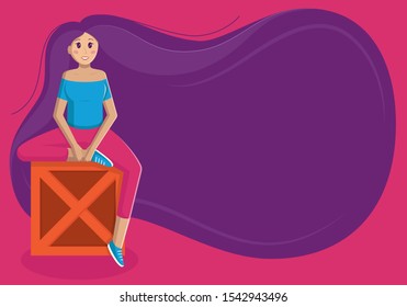 Vector illustration of a girl sitting on a box with bent leg with a background of hair with a place for text or lettering. Unusual background from hair for text placement