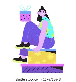 Vector illustration of a girl sitting on a gift box and holding a small present isolated on a white background. The concept of promotional marketing, special offer or comapny birthday or aniversary.