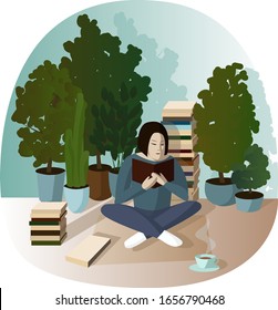 The vector illustration,  the girl is sitting on the floor and reading a book, around her the books, the cup of hot drink and the houseplants, EPS10