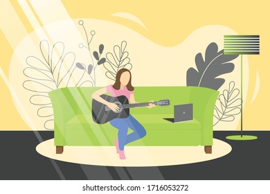 Vector illustration with a girl sitting on a sofa and playing the guitar. Learning to play the guitar at home. Poster motivating to play a musical instrument. For sites, articles and online class
