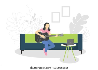 Vector illustration with a girl sitting on a sofa and playing the guitar. Learning to play the guitar at home. Poster motivating to play a musical instrument. For sites, articles and online class