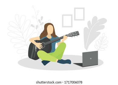 Vector illustration with a girl sitting on a floor and playing the guitar. Learning to play the guitar at home. Poster motivating to play a musical instrument. For sites, articles and online class