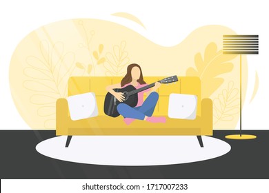 Vector illustration with a girl sitting on a sofa and playing the guitar. Learning to play the guitar at home. Poster motivating to play a musical instrument. For sites, articles and online class