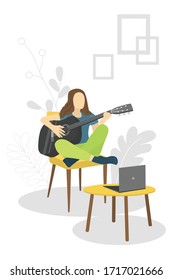 Vector illustration with a girl sitting on a chair and playing the guitar. Learning to play the guitar at home. Poster motivating to play a musical instrument. For sites, articles and online class