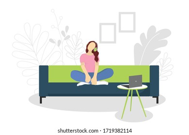 Vector illustration with a girl sitting on a sofa and listening to music.Girl at home listening to an audio lesson from a laptop . Poster motivating to listening to music. For sites, articles, posters
