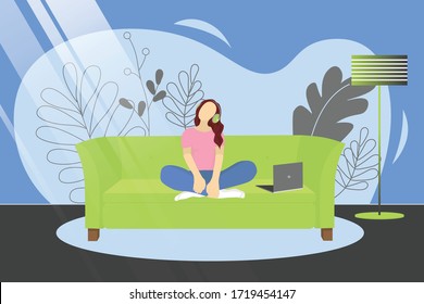 Vector illustration with a girl sitting on a sofa and listening to music.Girl at home listening to an audio lesson from a laptop . Poster motivating to listening to music. For sites, articles, posters