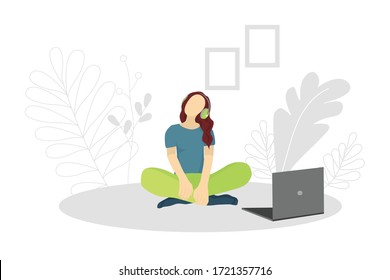 Vector illustration with a girl sitting on a floor and listening to music.Girl at home listening to an audio lesson from a laptop . Poster motivating to listening to music. For sites, articles,posters