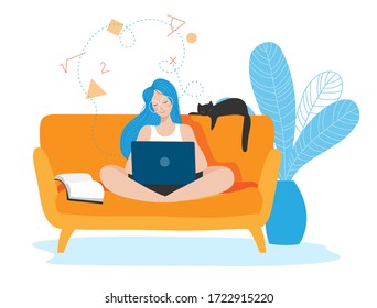 Vector illustration of girl sitting on sofa and learning from home via notebook. Concept of distance education and social isolation.