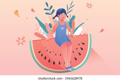 Vector illustration of girl sitting on watermelon in summer.