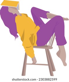 Vector illustration of a girl sitting on a chair and reading a book. Clothes of bright purple and yellow colors. Book lover