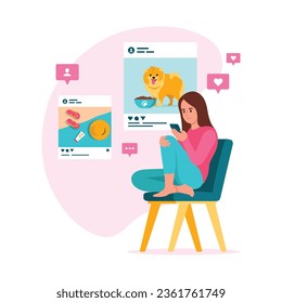 Vector illustration of a girl sitting on social networks. Cartoon scene with a girl sitting on a chair and looking at vacation photos and with her pet on social networks, commenting and liking.