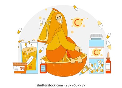Vector illustration of a girl sitting on an orange among jars, cones, capsules, tablets and vitamins, badds. Vitamin C in tablets jars and capsules on a white isolated background