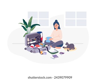 Vector illustration of a girl sitting on the floor and packing to go to a sporting event in Paris. Concept related to planning and travel. Open suitecase with a phone, passport, notebook and pen