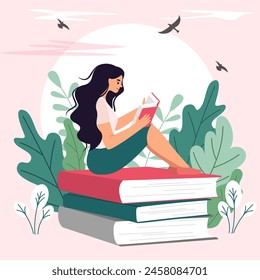 Vector illustration of a girl sitting on books reading a book on a background of plants. Image for the celebration of World Book Day.