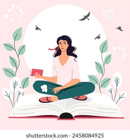 Ilustración vectorial de una niña sentada en un libro abierto sobre un fondo de plantas. Imagen para la celebración del Día Mundial del Libro.