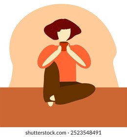 Vector illustration girl sitting on the floor with a cup of coffee	