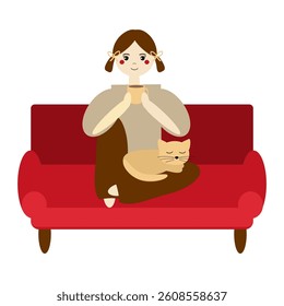Vector illustration girl sitting on the sofa with a cup of coffee	
