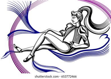 Vektor Stok Vector Illustration Girl Sitting On Clouds Tanpa Royalti Shutterstock