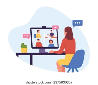 Vector illustration of a girl sitting at an online conference. Cartoon scene with a girl sitting at a table with a computer and a flower pot, connected to an online meeting on a white background.