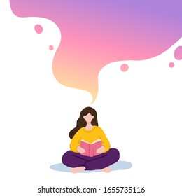 Vector illustration of girl sitting and reading book, dreaming. Motivational literature fan. Colorful gradient concept illustration.