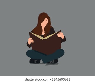Ilustración vectorial de una niña sentada leyendo un libro
