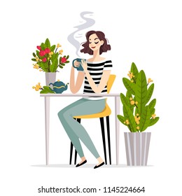 Vector illustration of a girl sitting at a table and drinking a hot drink. Excellent for the design of postcards, posters, stickers and so on.