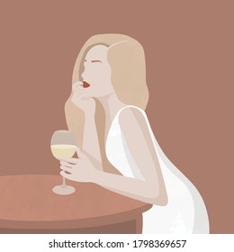 Vector illustration of a girl sitting at a table with a glass of white wine