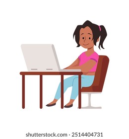 Ilustración vectorial de una niña sentada en una mesa con una computadora. El personaje feliz está estudiando o viendo películas. El tema de la adicción de los niños a los hábitos digitales. Estilo plano de la historieta.