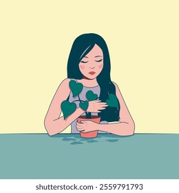 Vector illustration of a girl sitting at a table, embracing heart-shaped green leaves of her favorite potted plant. Cute plant lover and nature enthusiast.
