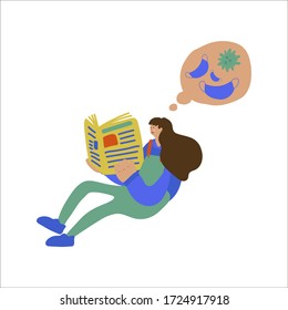 Vector illustration of a girl sitting who reads a newspaper or news on a tablet. Events related to news and global events. Hand-drawn images