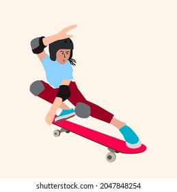 Vector illustration of a girl skateboarding with tail gripping style