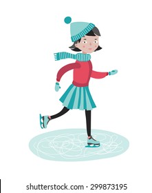 Vector illustration of girl skates on rink on white isolated background