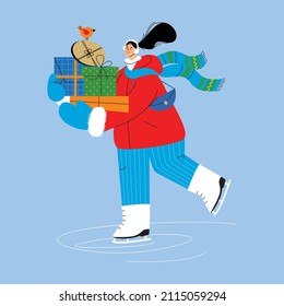 Vector illustration with girl skating in winter. Happy Birthday, happy new year. Postcard with girl holding gifts. Christmas presents.