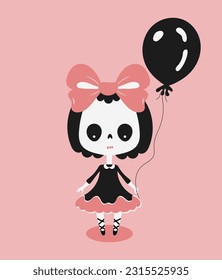 Vector illustration of girl skeleton with black balloon. Character for Halloween, girl in a dress. For the design of a package, sticker or card.