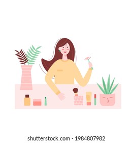 Vector illustration with girl, skin care products and home plants.