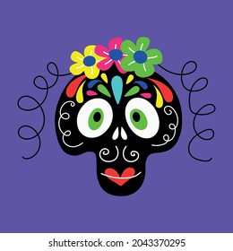  vector illustration of a Girl skull decorated with flowers for conceptual designs of Day of the Dead celebration