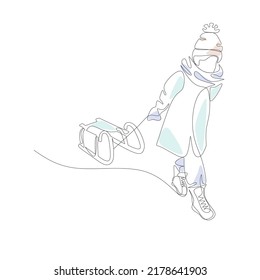 Vector illustration of a girl with a sled drawn in the style of line art