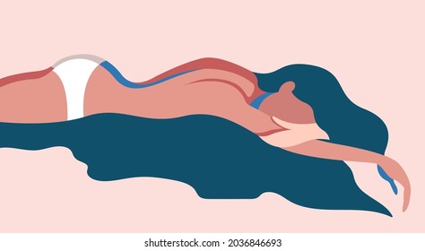 vector illustration of a girl sleeping in bed with her hair scattered on the pillow, dressed in underwear in pastel colors.useful for advertising relaxation products, sleep products, healthy lifestyle