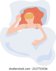 vector illustration girl sleeping red hair smiling girl woman resting with sleepingmask . Woman asleep home in bed, girl resting covered with blanket in cozy blue bed. Deep dream and bedtime concept