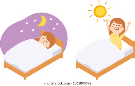 Vector illustration of a girl sleeping and waking up